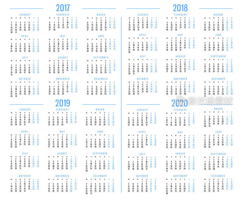 日历 2017，2018，2019，2020